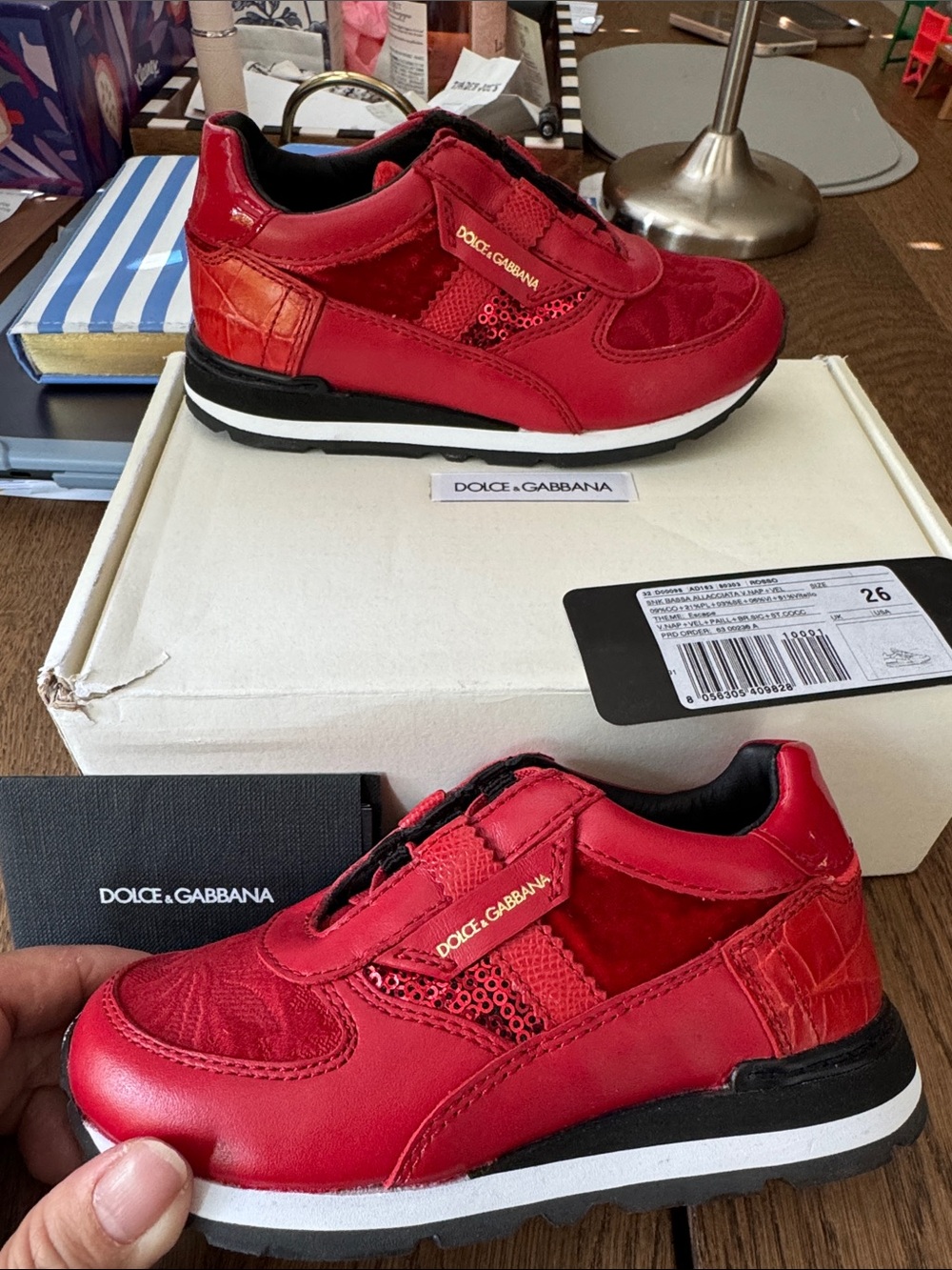 New Dolce & Gabbana Kids Red Sneakers with Gold Logo
